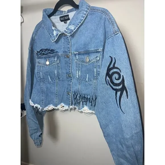 209 Current Mood Cropped Distressed Denim Jacket Graphic Blue Women’s 3X - Picture 2 of 10